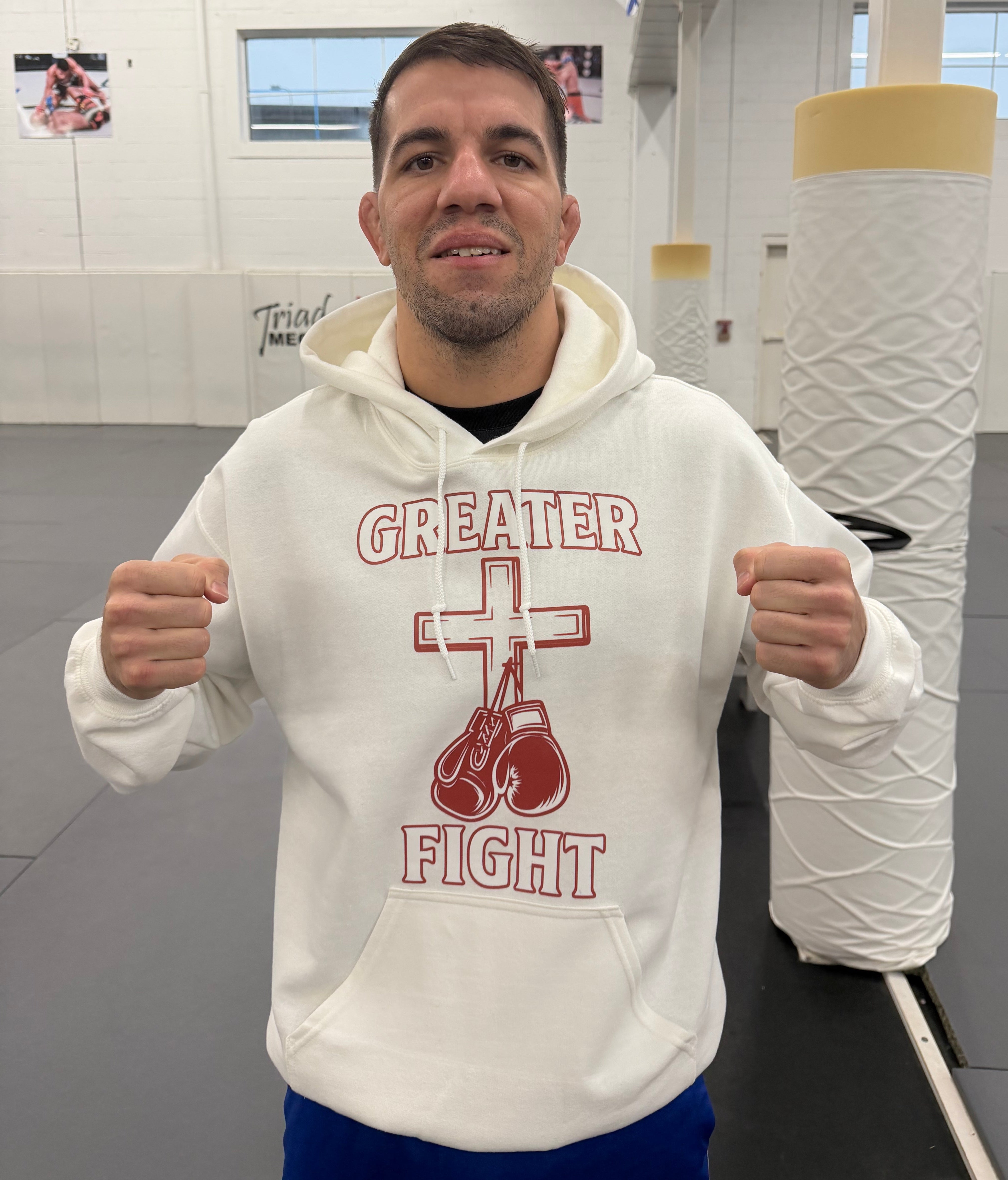 Greater fight gloves on cross hoodie