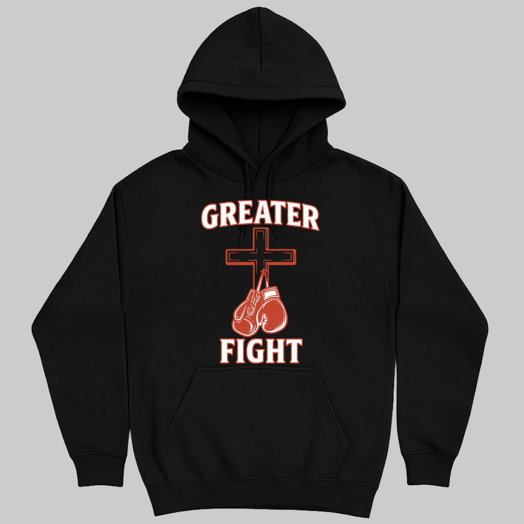 Greater fight gloves on cross hoodie