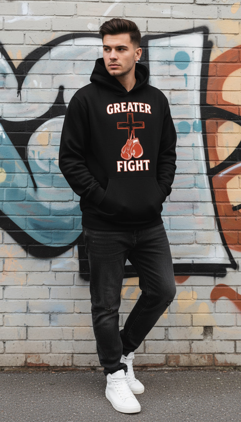Greater fight gloves on cross hoodie