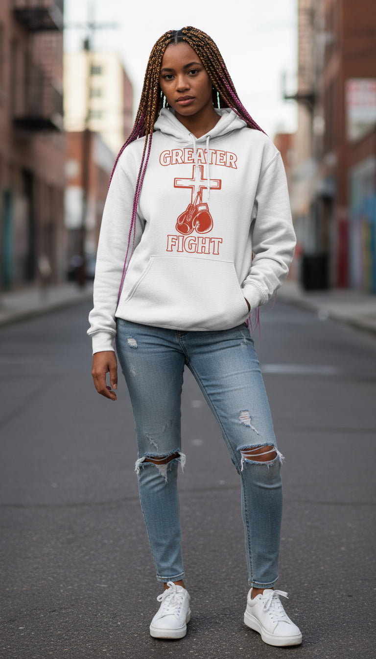 Greater fight gloves on cross hoodie